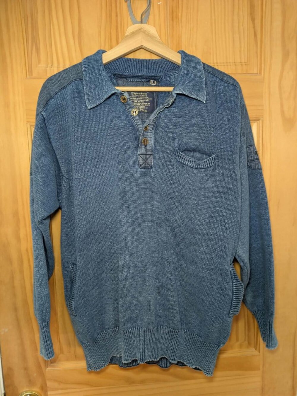 Original Blues Mens Denim Knit Collared Pullover Sweater Blue Size L